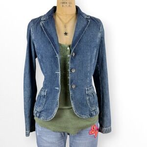 Y2K Denim Blazer Floral Lining Ruffled Pockets Cottagecore Coquette Size S M